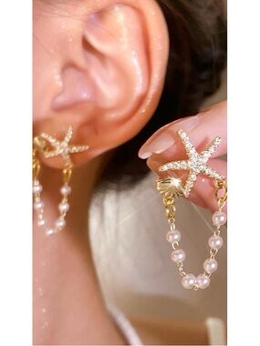 NWT Gold tone Starfish Pearl Drop Earrings Elegant Beach-Inspired Jewelry